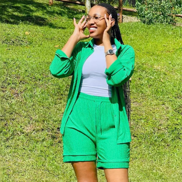 European and American large-size casual solid-color cardigan lapel shirt African women's clothing waist strap shorts fashionable new suit