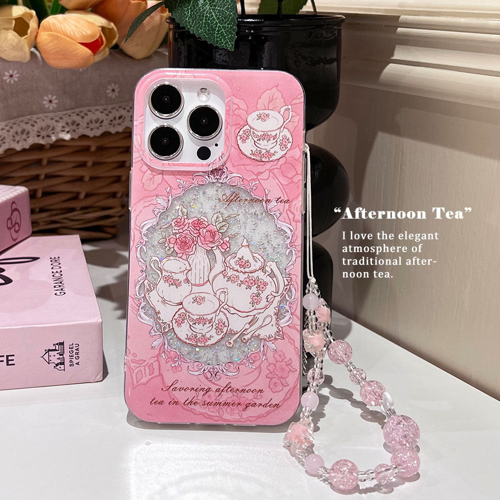 Midsummer afternoon tea iphone 17 pro max phone case - glitter gel, apple 16 anti-drop protective cover, iphone 15 compatible