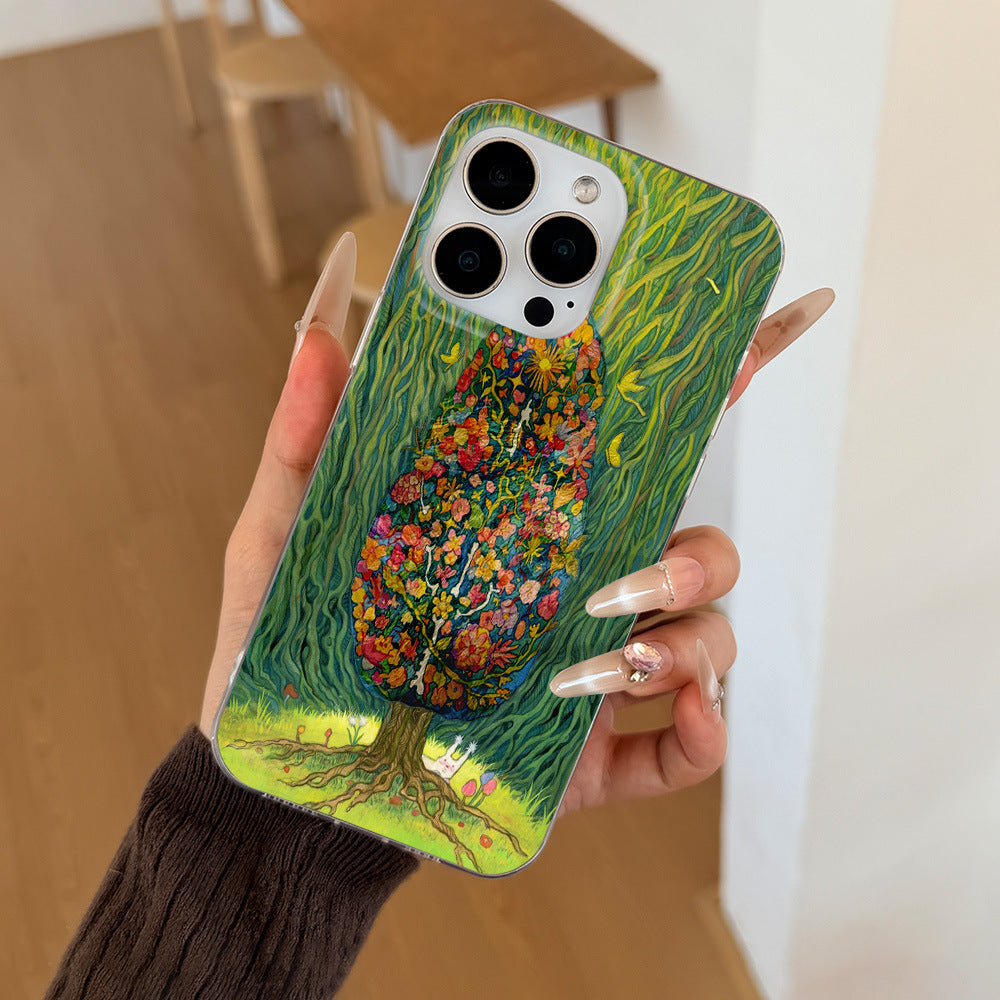 "instagram-worthy forest-themed healing illustration phone case, compatible with iphone 17 pro max, iphone 16/15, and iphone 13. drop-proof hard case."