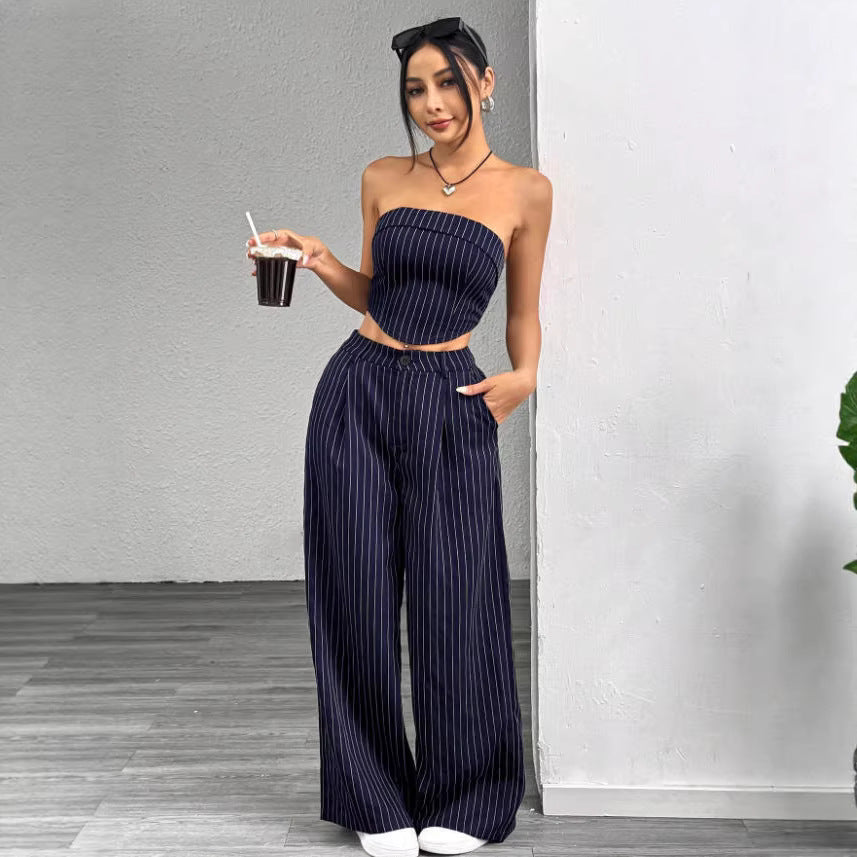 cross-border fashion shein women's striped strapless top and loose, slimming suit pant set