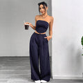 cross-border fashion shein women's striped strapless top and loose, slimming suit pant set