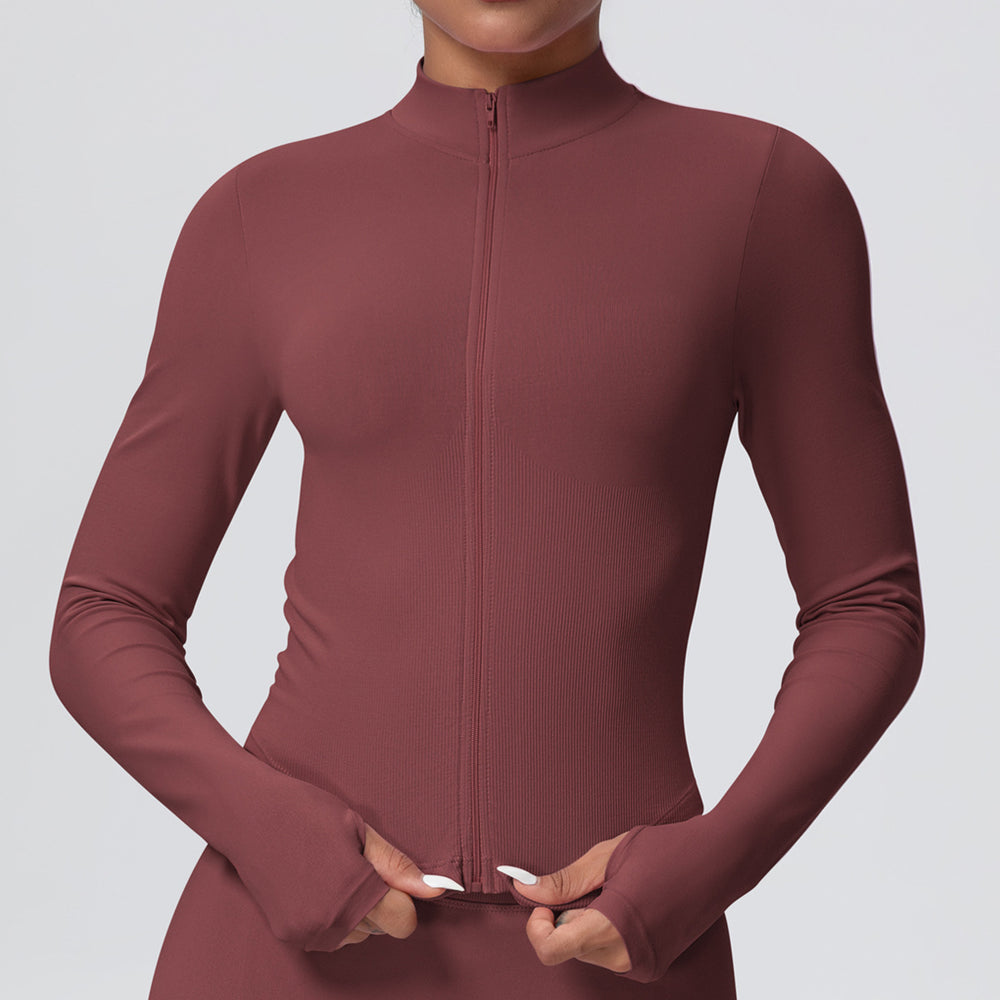 European and american seamless stand collar zipper long sleeve yoga jacket women's tight-fitting quick-dry outerwear running fitness apparel sports top