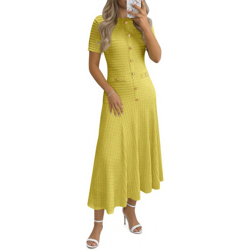 Amazon sweet & spicy  summer casual short-sleeve crew neck versatile button-up textured slim-fit midi dress