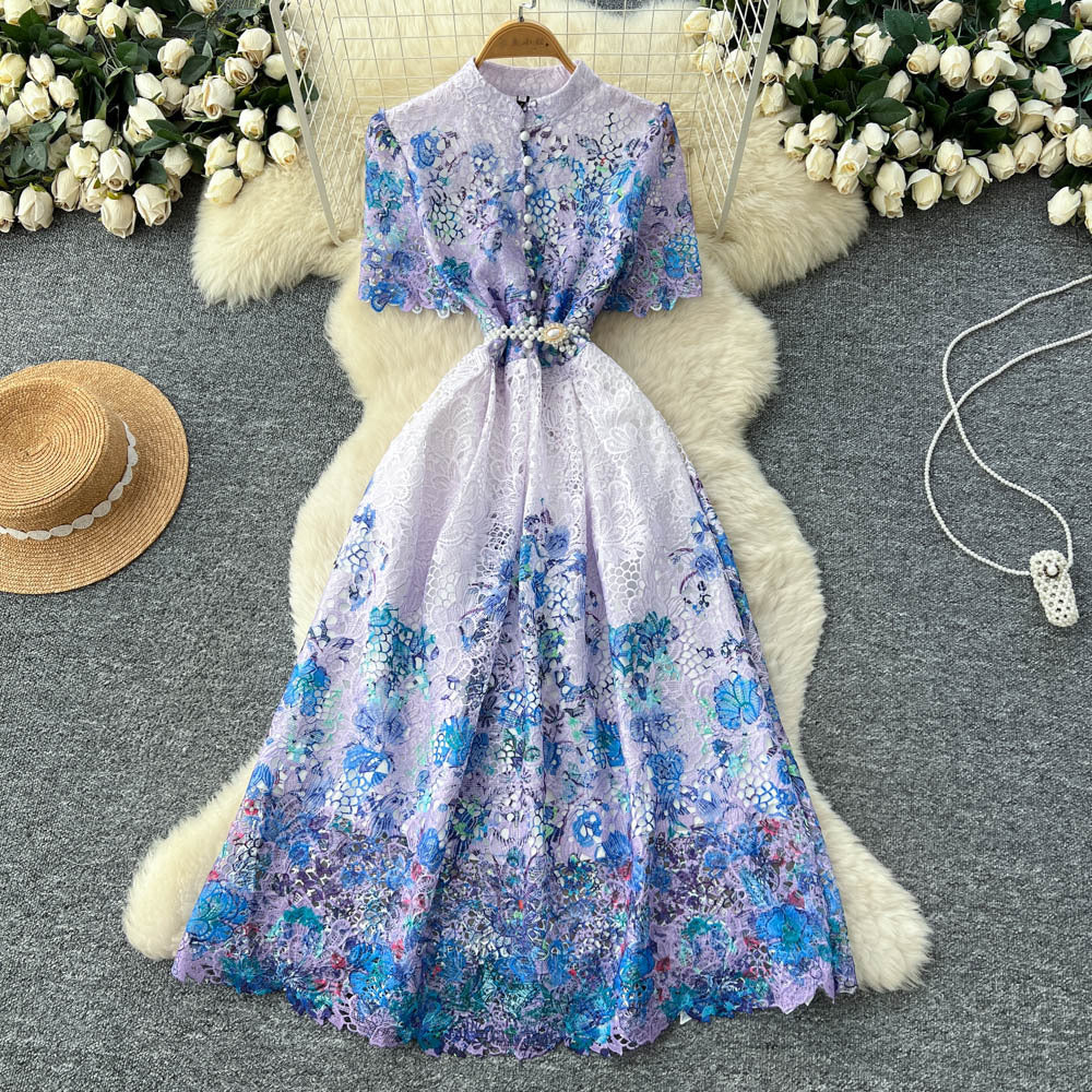 French-inspired vintage lace print dress for women, featuring a cutout design, high waist, cinched waist, a-line silhouette, and an elegant, sophisticated style
