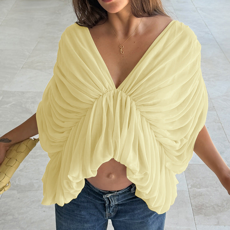 European and american women's clothing  summer new fashion solid color deep v-neck backless sexy shirred butterfly casual top t-shirt