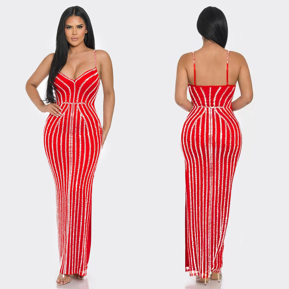 C6761 cross-border   fashion women's solid color bandeau hotfix rhinestone cami maxi dress
