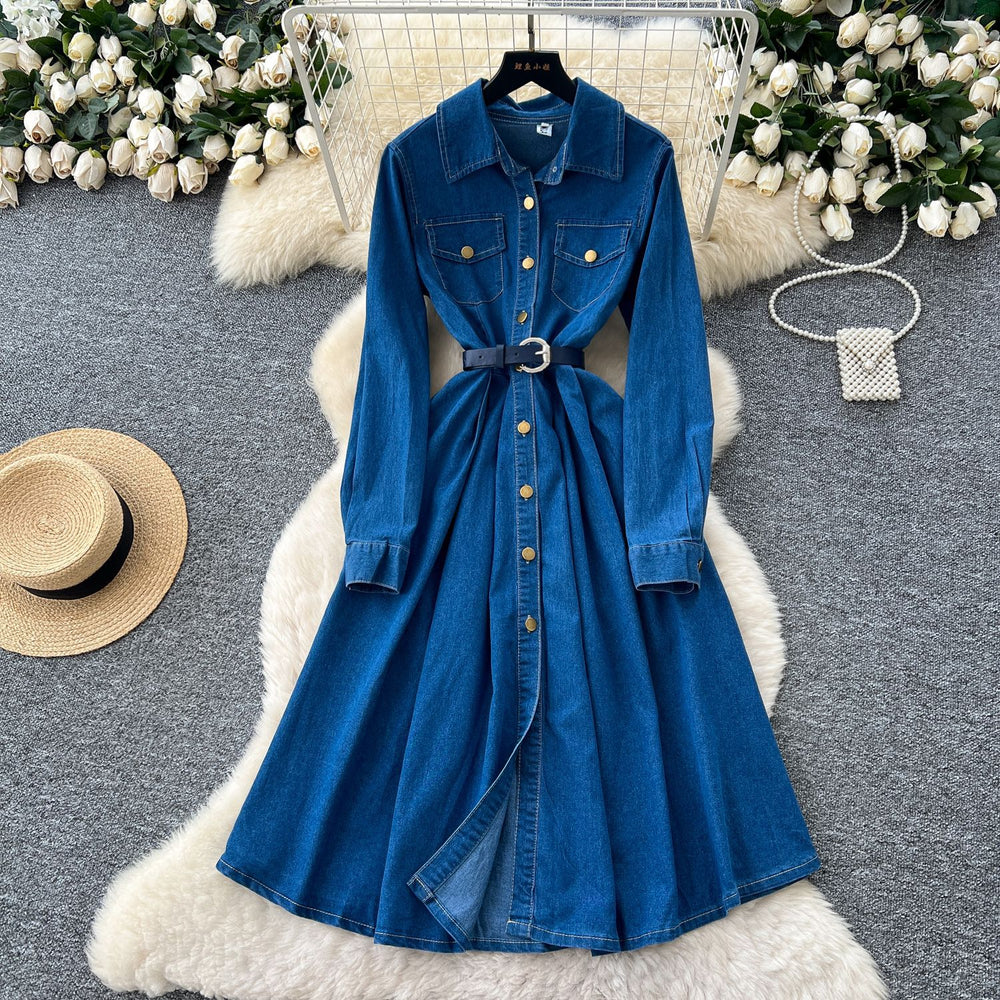Classysense niche styleretro lapel long sleeves denim dress women's autum strap waist single breasted pleated long skirt