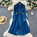 Classysense niche styleretro lapel long sleeves denim dress women's autum strap waist single breasted pleated long skirt