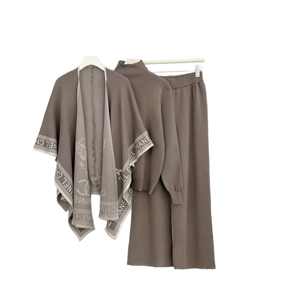 New arrival cross-border loose lazy style women's jacquard shawl turtleneck pullover knitting shirt + wide-leg pants three-piece set