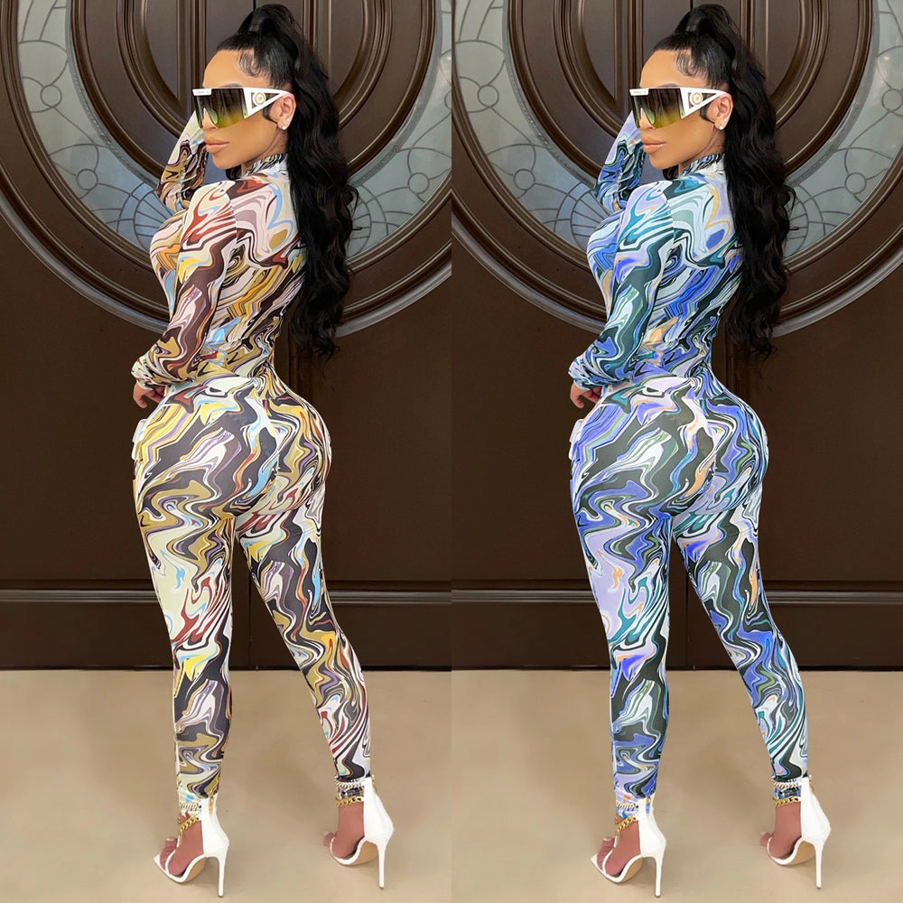 C5505    fashion women's painted bodycon long sleeve top and pants set with mesh sheer detail