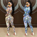 C5505    fashion women's painted bodycon long sleeve top and pants set with mesh sheer detail
