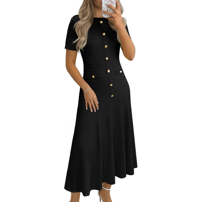 Amazon sweet & spicy  summer casual short-sleeve crew neck versatile button-up textured slim-fit midi dress