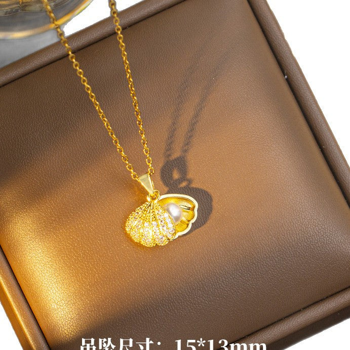 【titanium steel】korean style diamond-studded fashion hot-selling pearl necklace for women - non-fading, elegant, high-end, and perfect for sweater chains & jewelry