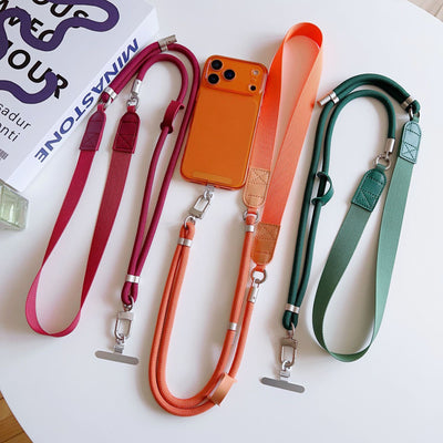 Trendy wide shoulder strap crossbody phone case lanyard with lambskin patchwork, adjustable strap, anti-lost chain for outdoor travel