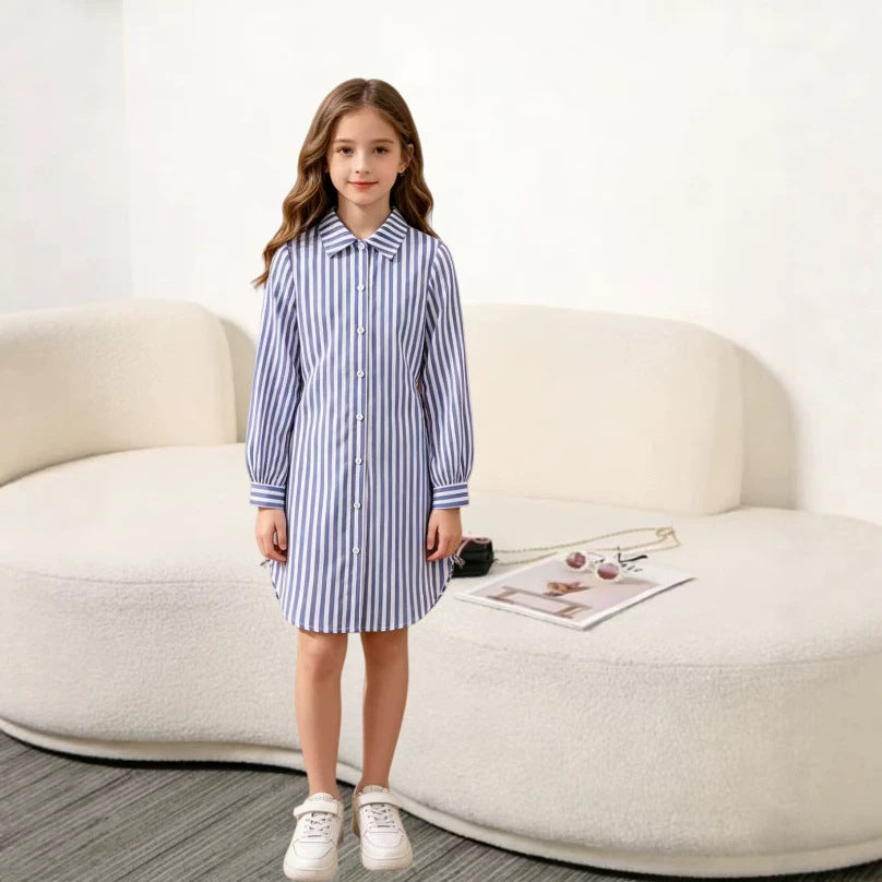 cross-border girls' dress: new spring/autumn casual striped turn-down collar button-down long sleeve side drawstring shirt dress