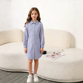 cross-border girls' dress: new spring/autumn casual striped turn-down collar button-down long sleeve side drawstring shirt dress
