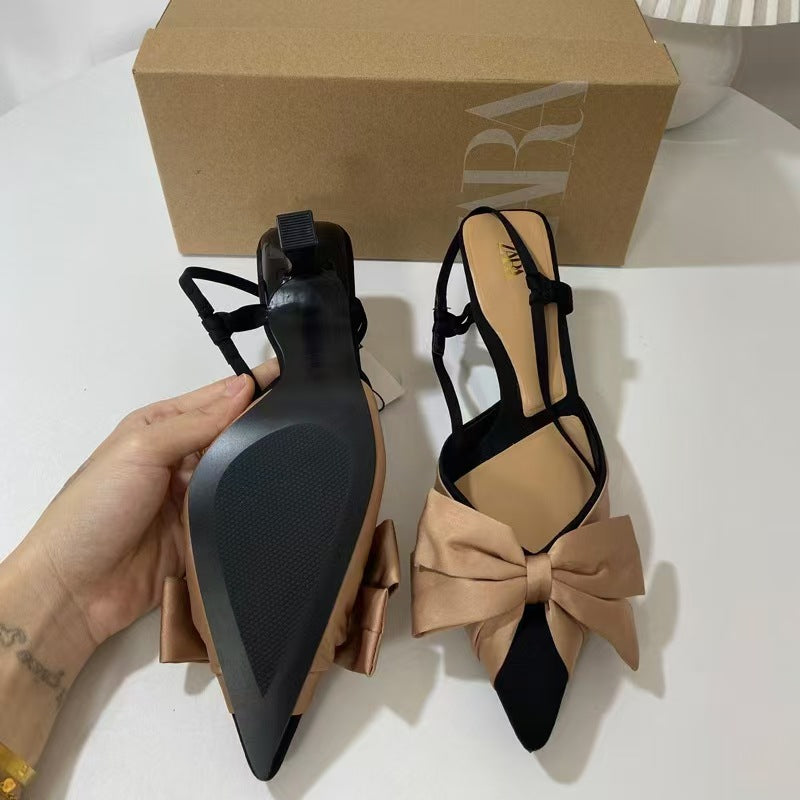 Za new premium french heel women's shoes - pointed toe, bow accent, color block, low-cut, back strap, open heel sandals