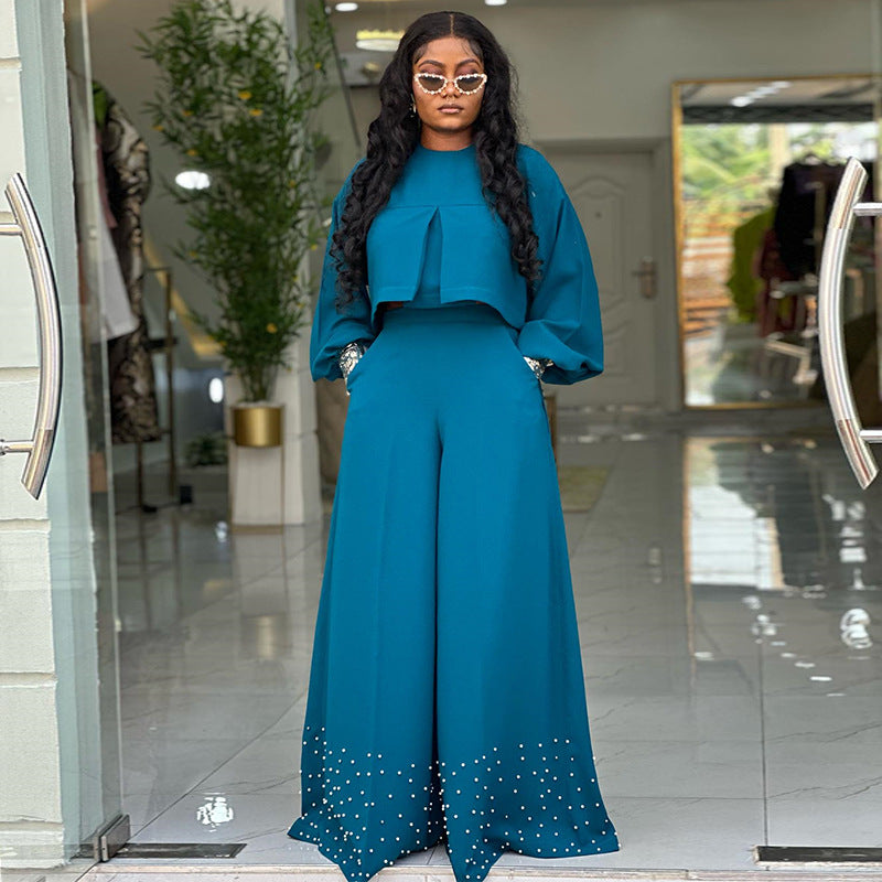 European and american cross-border women's clothing  summer new collection: round neck irregular lantern sleeve top and beaded wide-leg pant set
