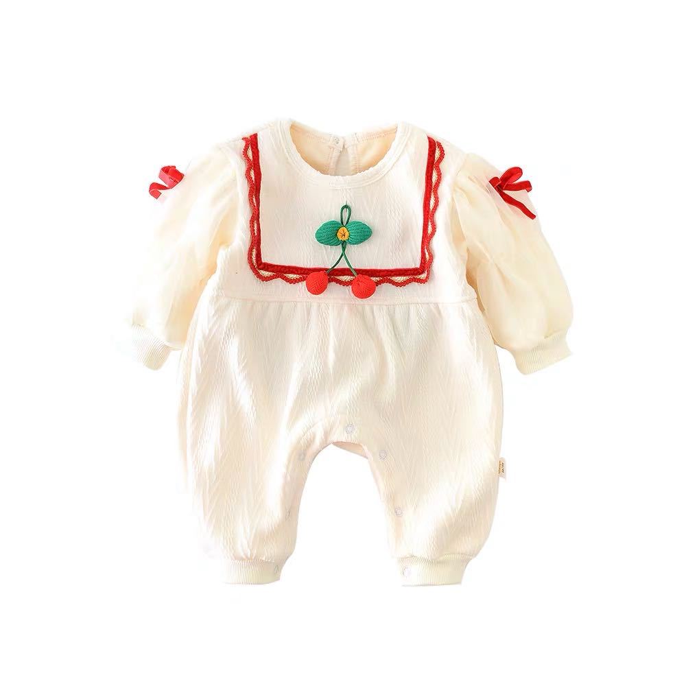 Baby rompers autumn winter female baby fleece-lined haki rompers newborn jacquard cherry heattech rompers haki