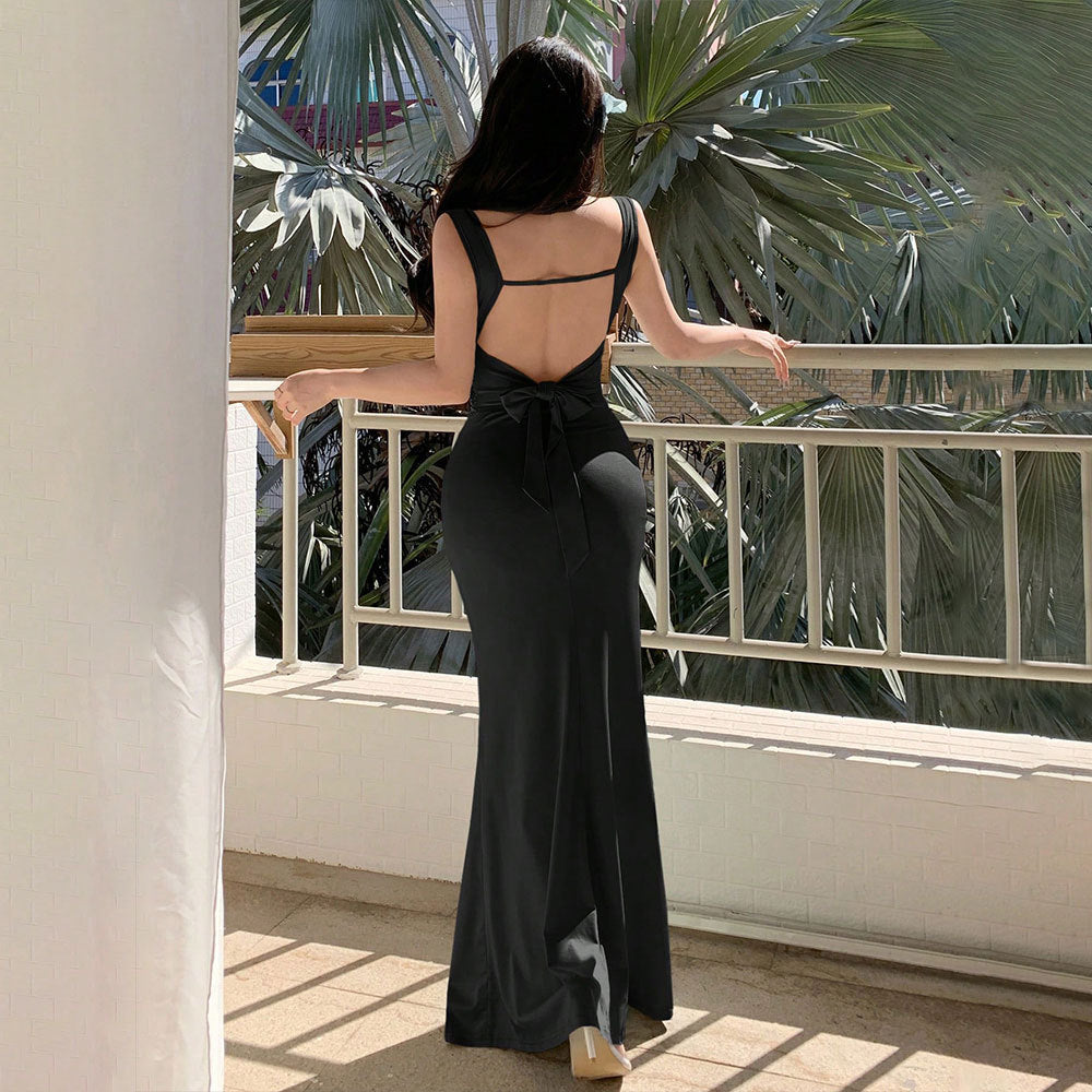 summer high-waisted bodycon midi dress - solid color knit, open back, sleeveless, v-neck, sexy & spicy style