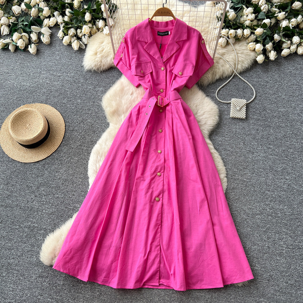 K-stylework clothing style short-sleeved a-line dress female summer light mature style pink waist slimming look light matureelegantelegance