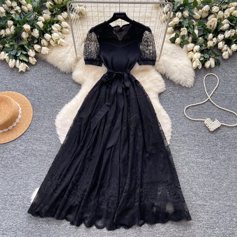Retrolacecut out pure desire style a-line dress women's summer k-style waist slimming lookclassyelegant long skirt