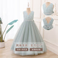 Custom-made, cross-border exclusive, girls' tulle maxi dress with lace trim, green, sleeveless, fashionable dress for girls