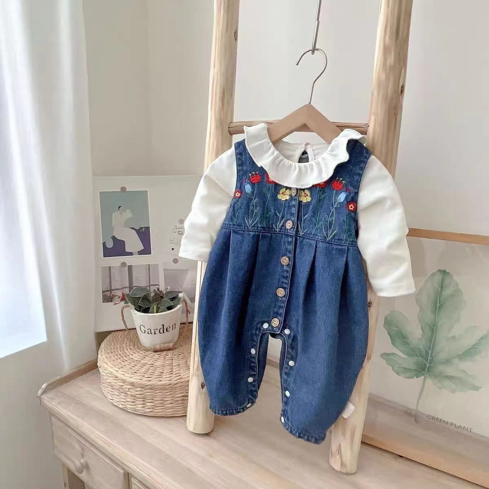 Baby spring & autumn outfit fashion casual romper set - girl's denim overalls two-piece set