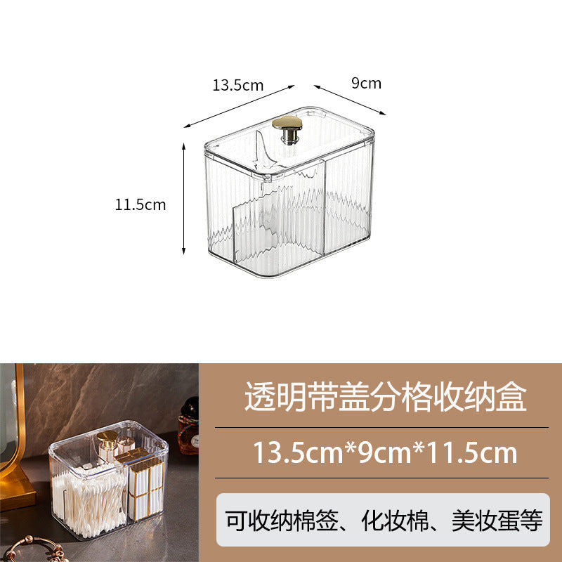 Cosmetic organizer box - cotton swabs, cotton pads, makeup sponges, makeup brushes - desktop storage with lid, divided compartments, transparent organizer