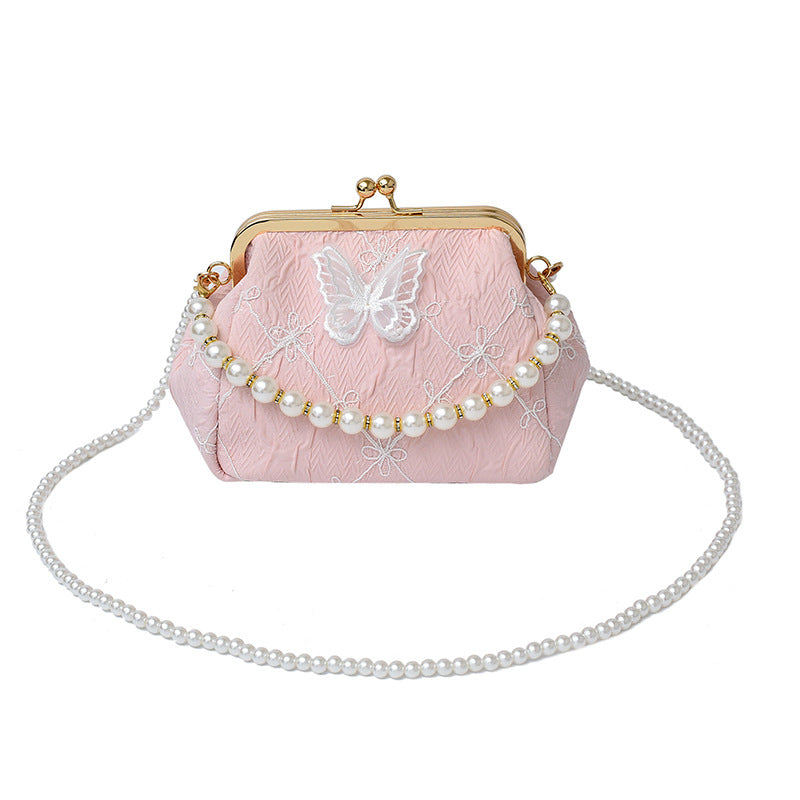 Foreign trade new Chinese embroidery small bag women's 2025 summer new fashion pearl chain mouth gold bag versatile messenger bag