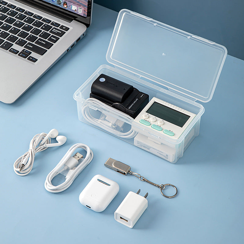 Desktop multi-functional sundries storage box, transparent plastic with cover, stackable accessories, earphone data cable storage box