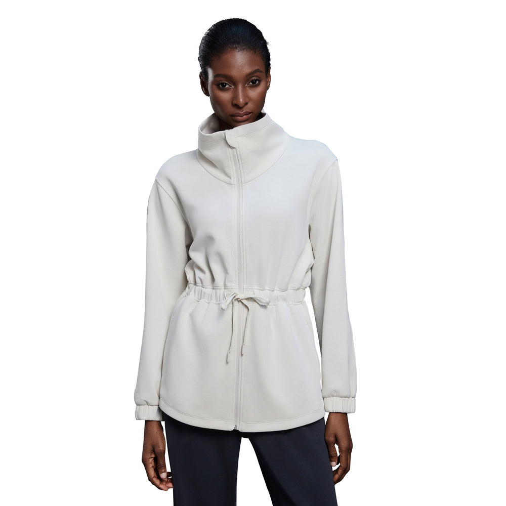 Air layer stand collar mid-length outwear women's drawstring waist jacket casualwork clothing sports windbreaker autumd25137