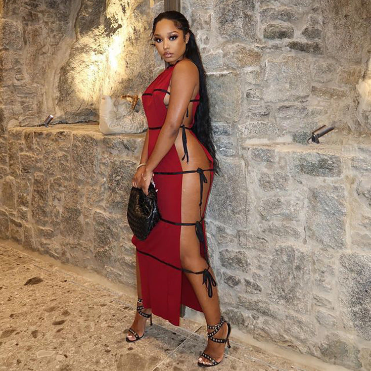 European and american cross-border women's fashion:   summer new arrivals - sexy and chic sleeveless tie-side mini dress