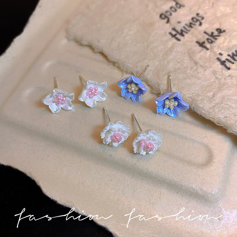 Blue camellia 925 sterling silver stud earrings - elegant, petite, sweet, exquisite floral design - new chinese style retro earrings for girls