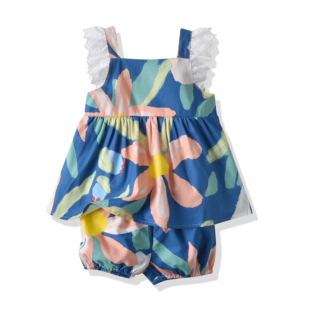 Korean style baby girl printed outfit set - new summer collection - trendy and chic short-sleeve set for toddlers