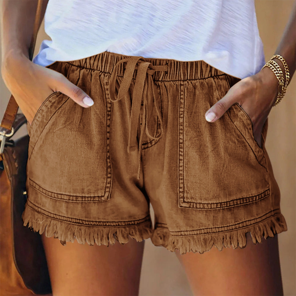 summer  new arrival  european and american foreign trade elastic waist drawstring casual high-waisted slimming denim shorts for women