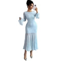 European and american cross-border women's fashion:  early autumn new arrival - solid color flared long sleeve crew neck slim fit maxi mermaid dress