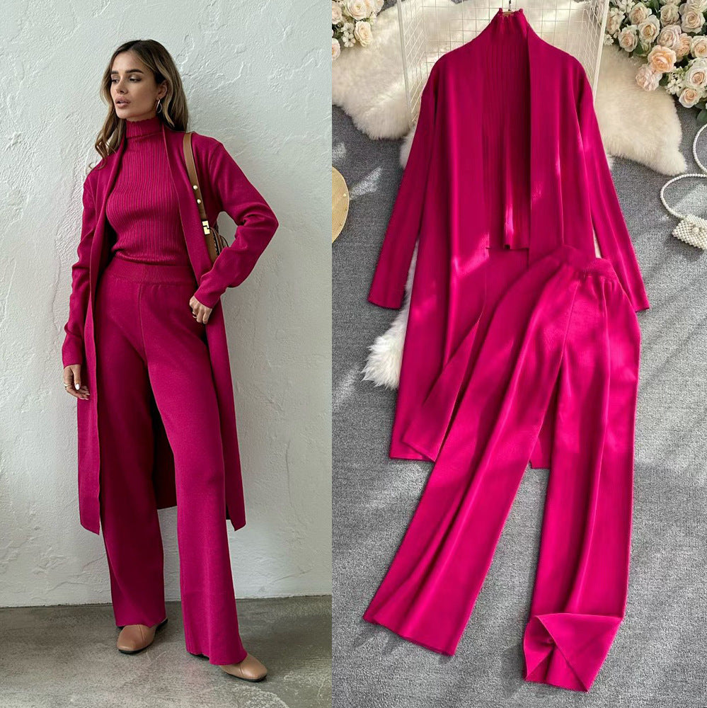 fashionloosecasualknittingsuit women's long shawl cardigan + turtleneck sweater + loose pants three-piece set