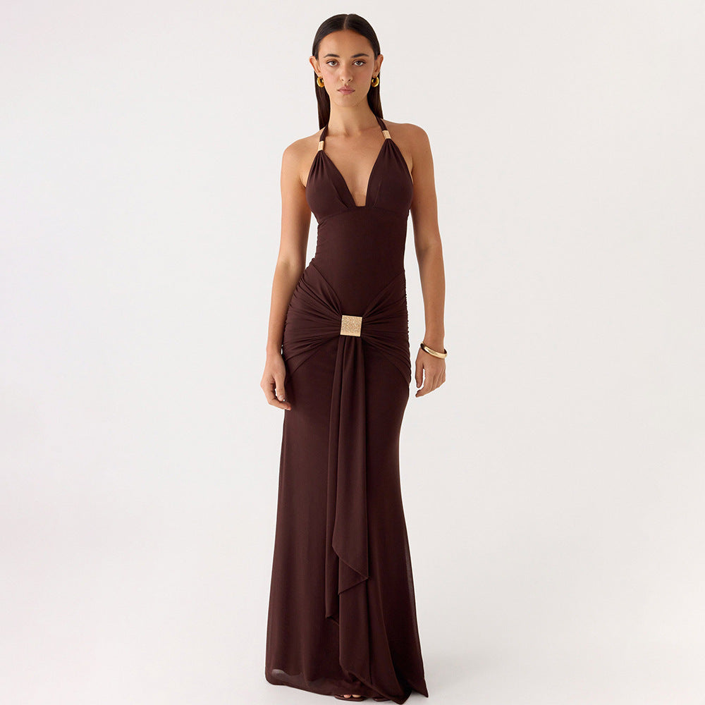 Amazon cross-border women's fashion:  summer new arrival - deep v-neck halter neck bodycon mini dress with strappy detail and open back
