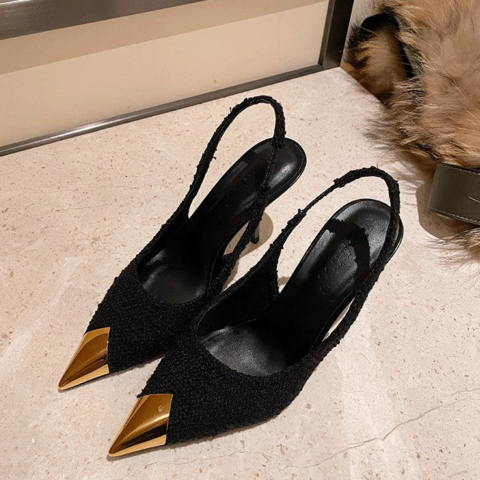 2026 women's stiletto heel rose gold metallic pointed toe pumps, spring black metal buckle strap sandals