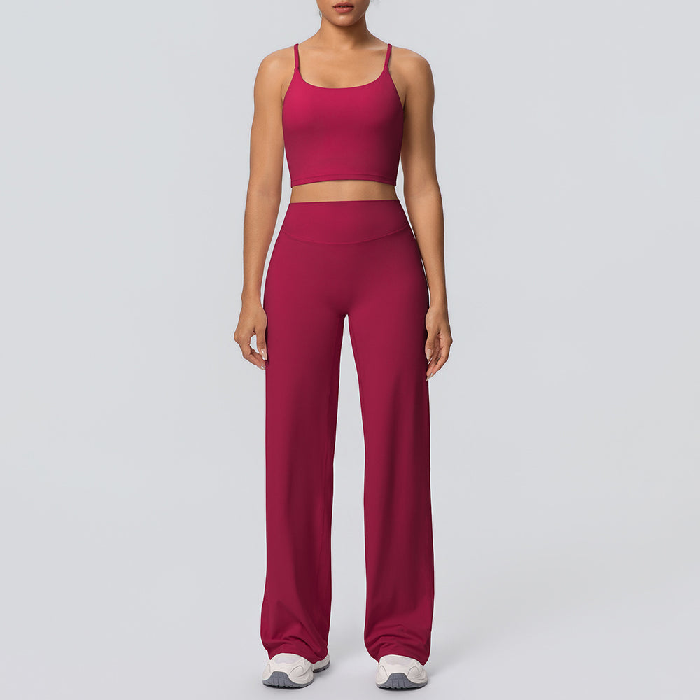Sexy strappy back sports bra set with high-waisted wide-leg straight-leg yoga pants - perfect for outdoor leisure, running, and fitness