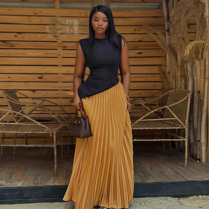 European and american style women's  autumn sweet & fresh round neck asymmetrical sleeveless top with high-waisted pleated midi skirt two-piece set
