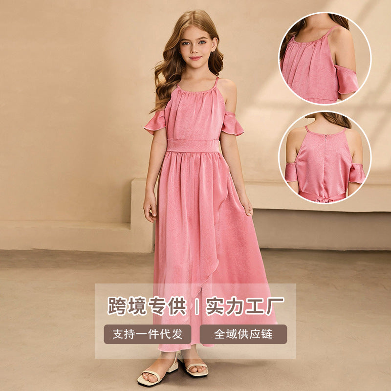 fashion style girl dress chiffon off-shoulder sense of design long skirt new arrivalgirl dress custom style