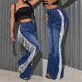 European and american style women's high-waisted frayed hem distressed light blue washed stretch flare jeans