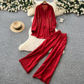 Lazy style red shirt loose pantstwo-piece set female autum lapel fashionloosework clothingfashionablesuit