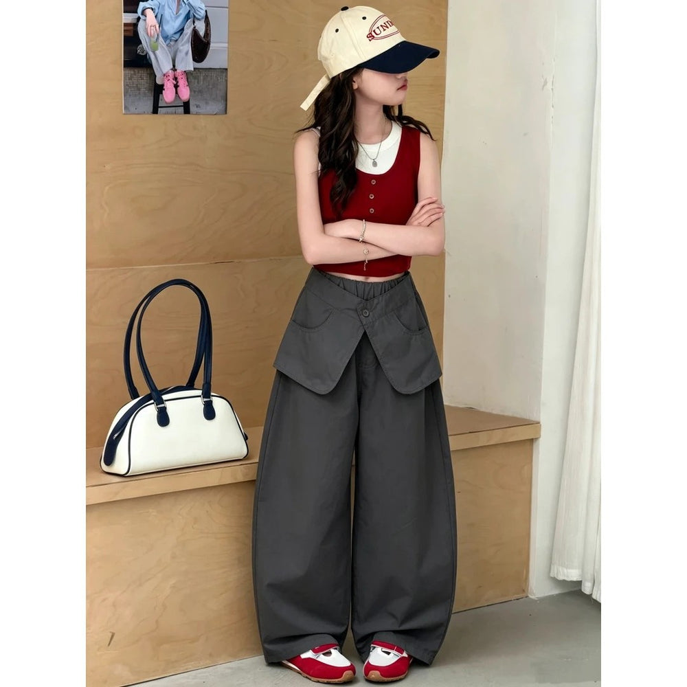 【100% cotton】super cute girls' wide-leg casual summer pants - faux two-piece, loose fit, scalloped hem, breathable and versatile