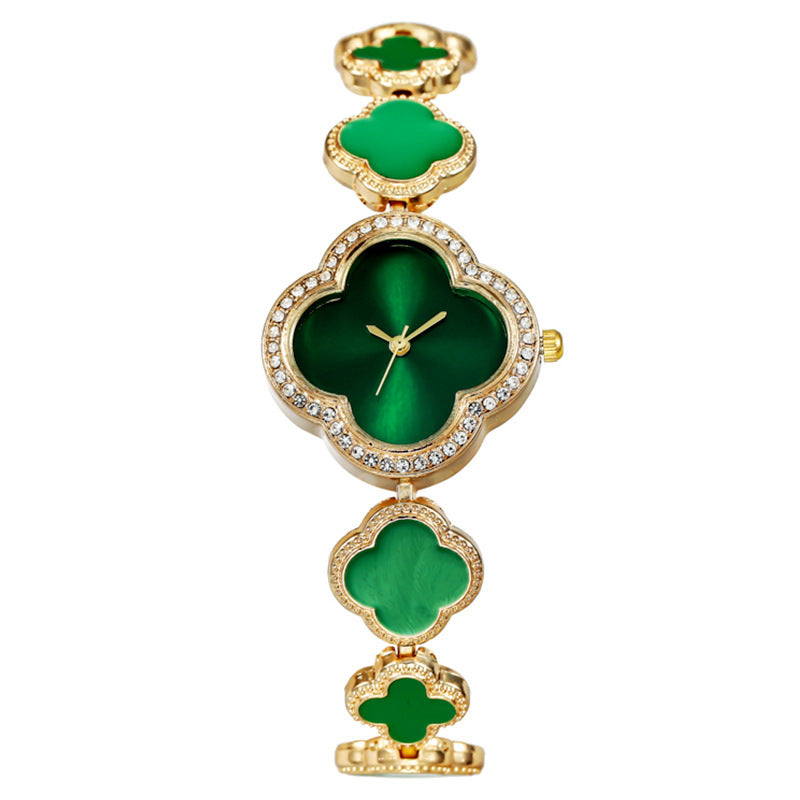 Women's quartz watch with emerald and clover charm bracelet - luxury vintage fashion timepiece