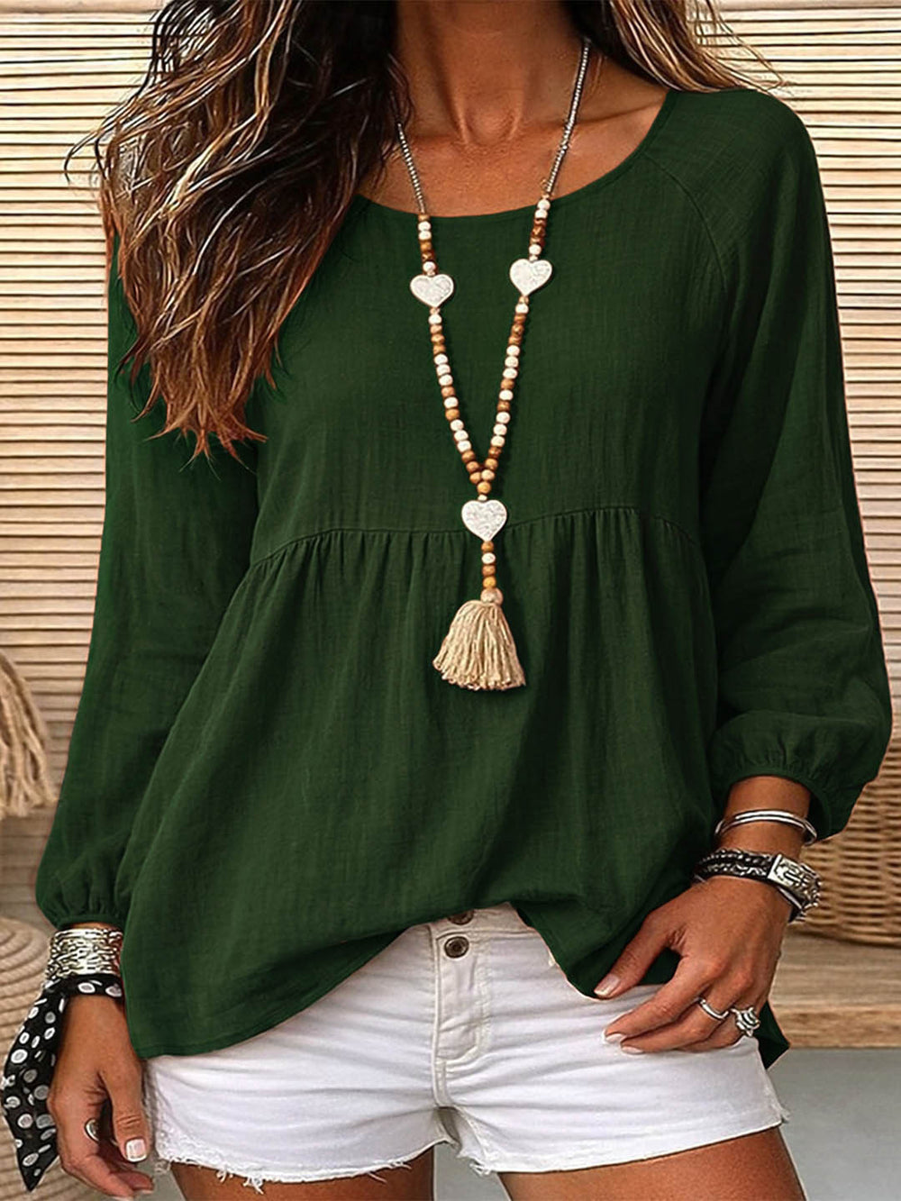 Export holiday style doll textured linen round neck cuff long sleeves pleated hem loose pullover shirt