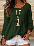Export holiday style doll textured linen round neck cuff long sleeves pleated hem loose pullover shirt