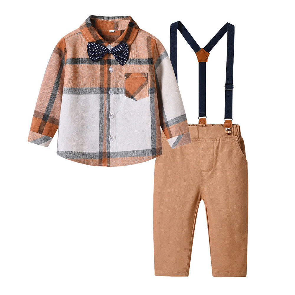 Factory direct export boys' suit: long-sleeved plaid shirt british style formal wear, boys' suit for spring and autumn, children's clothing